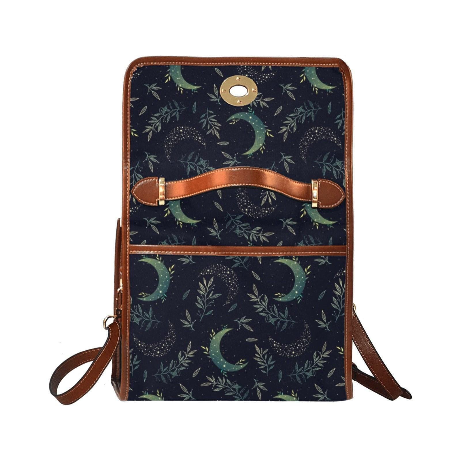 Celestial Satchel Bag, Crescent Moon Botanical Print Crossbody Handbag