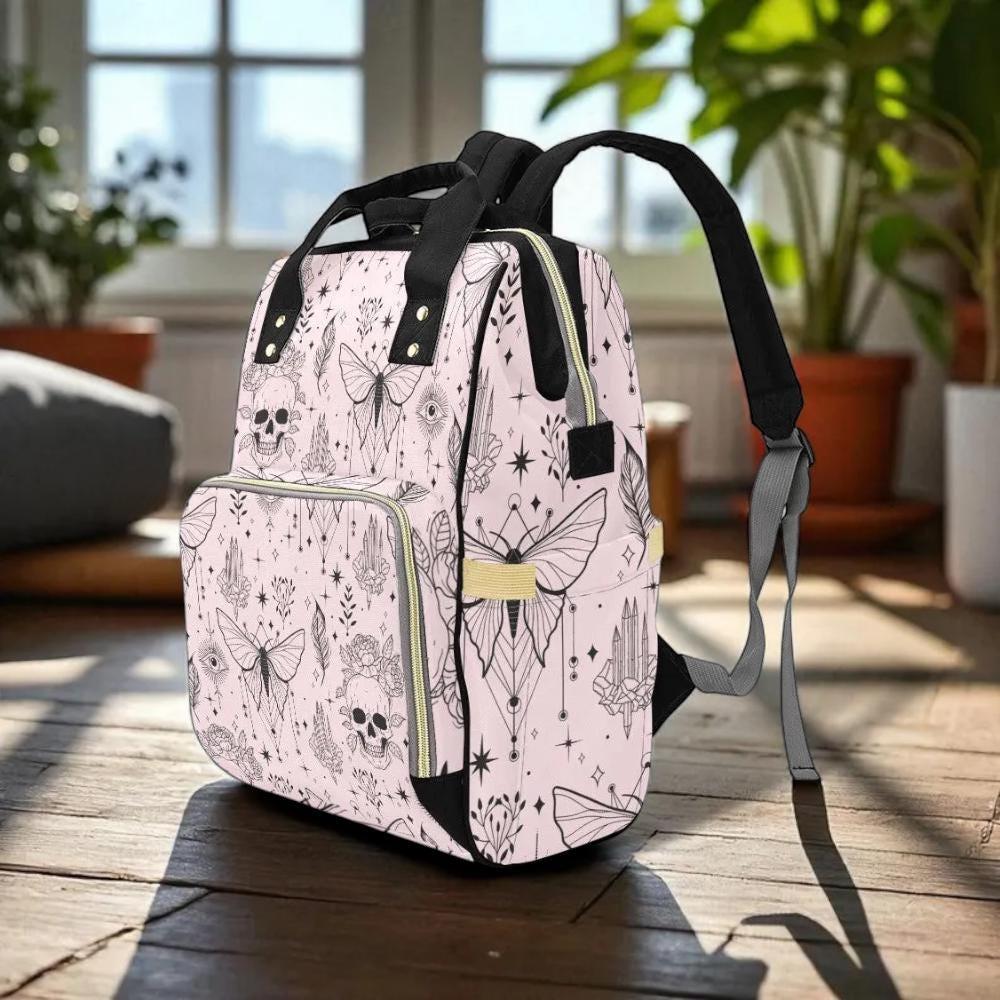 Pink Moth Print Diaper Backpack