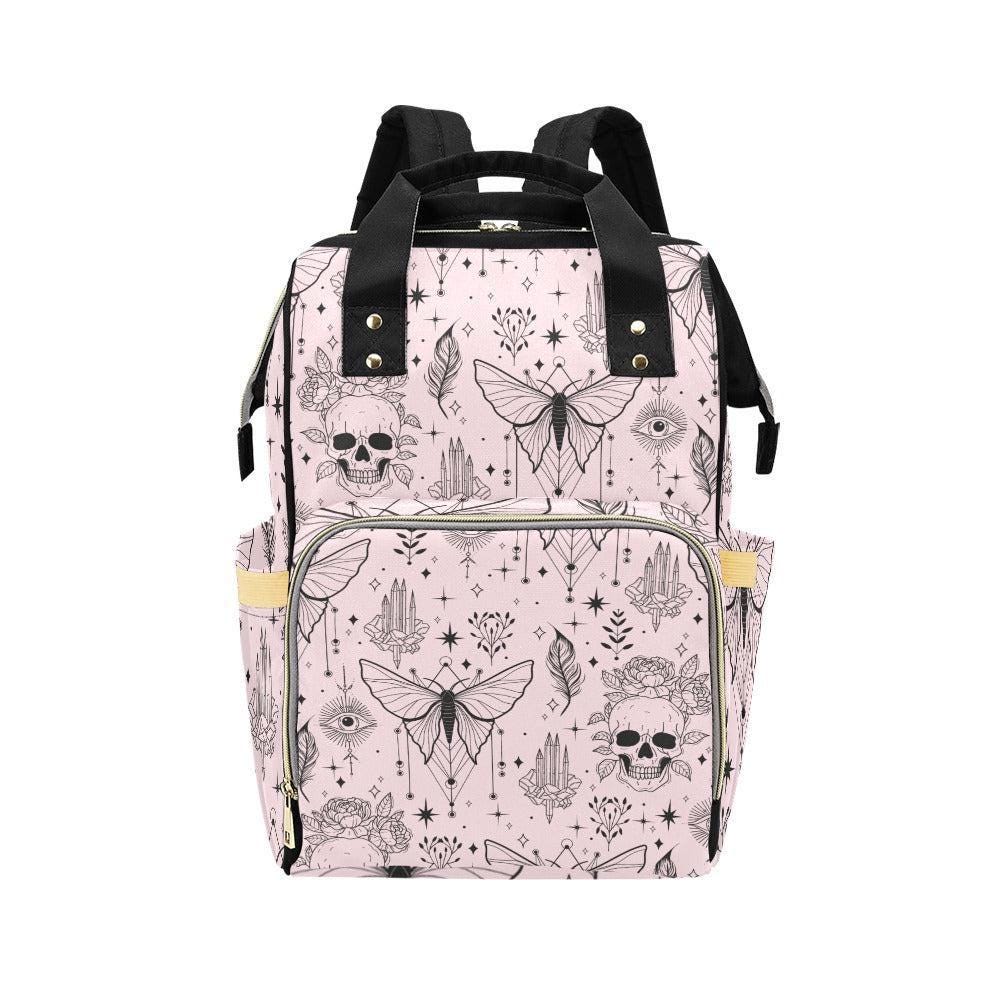 Goth Diaper Bag Backpack, Moth Skull Baby Travel Bag for Witchy Moms