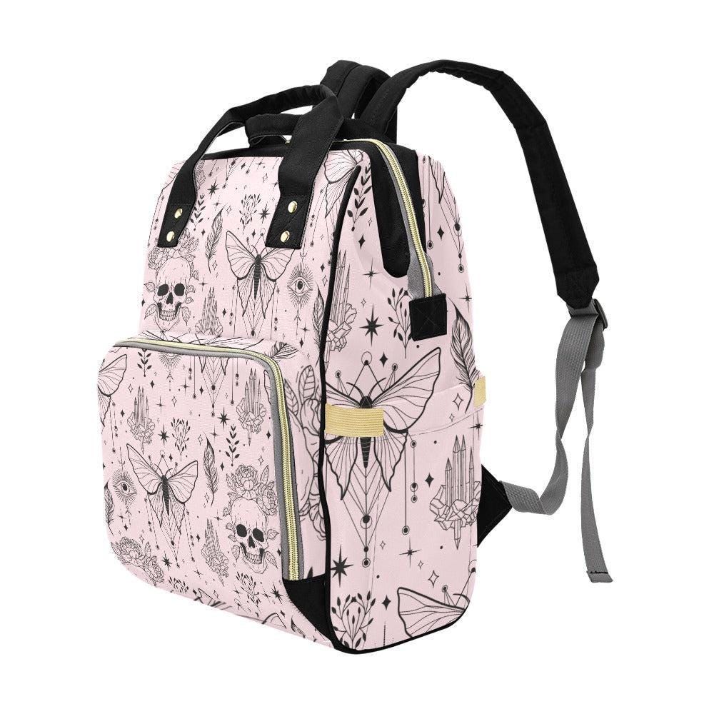 Goth Diaper Bag Backpack, Moth Skull Baby Travel Bag for Witchy Moms