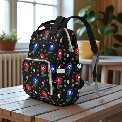 Skull Flower Diaper Backpack, Gothic Floral Baby Travel Bag, Tattoo Mom Organizer