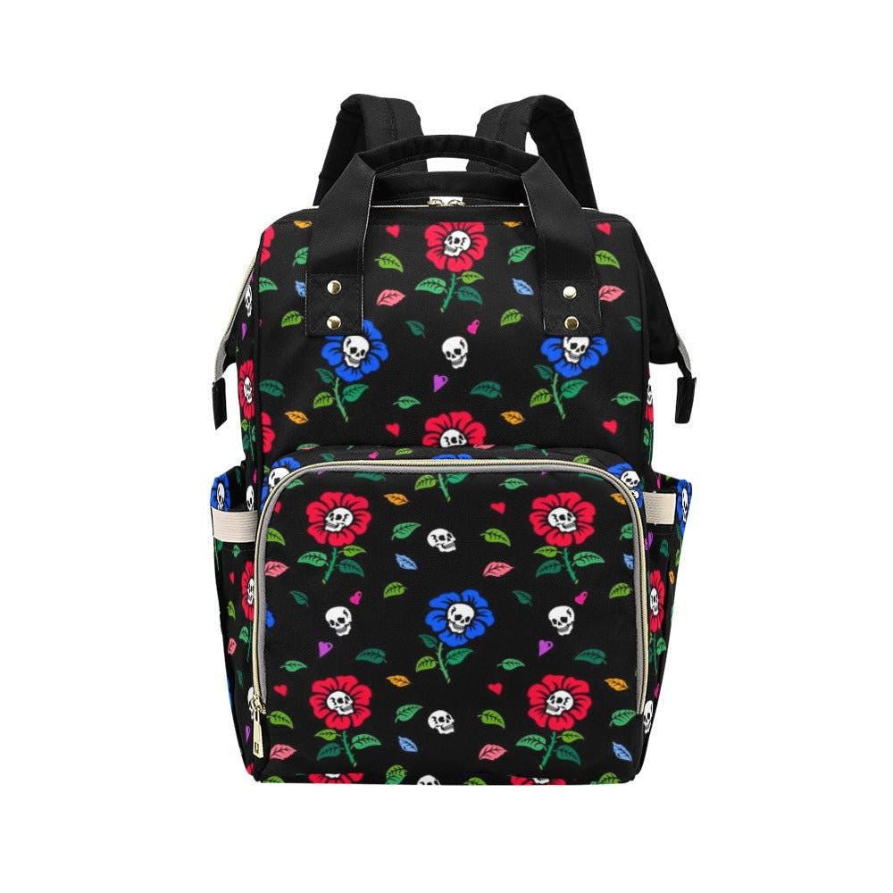 Skull Flower Diaper Backpack, Gothic Floral Baby Travel Bag, Tattoo Mom Organizer