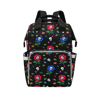 Skull Flower Diaper Backpack, Gothic Floral Baby Travel Bag, Tattoo Mom Organizer