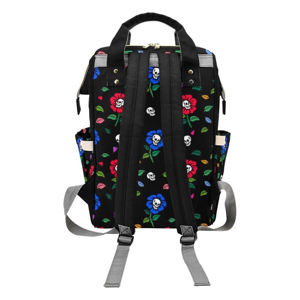 Skull Flower Diaper Backpack, Gothic Floral Baby Travel Bag, Tattoo Mom Organizer