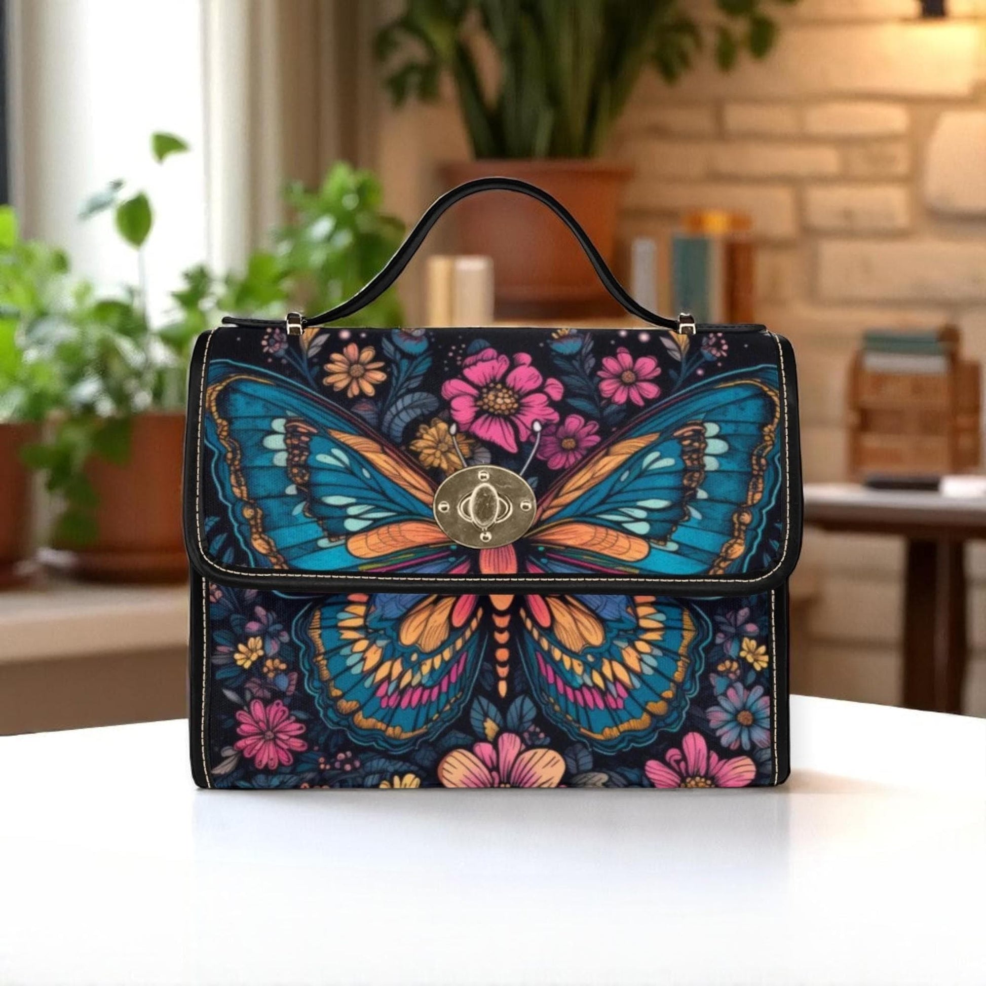 Psychedelic butterfly shoulder bag, colorful floral canvas purse, whimsigoth crossbody satchel, vibrant alt fairycore gift idea