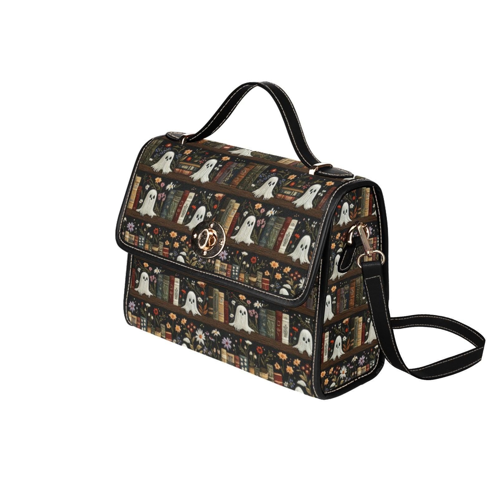 Ghost library satchel, spooky book print crossbody bag, witchy academia purse, haunted books tote