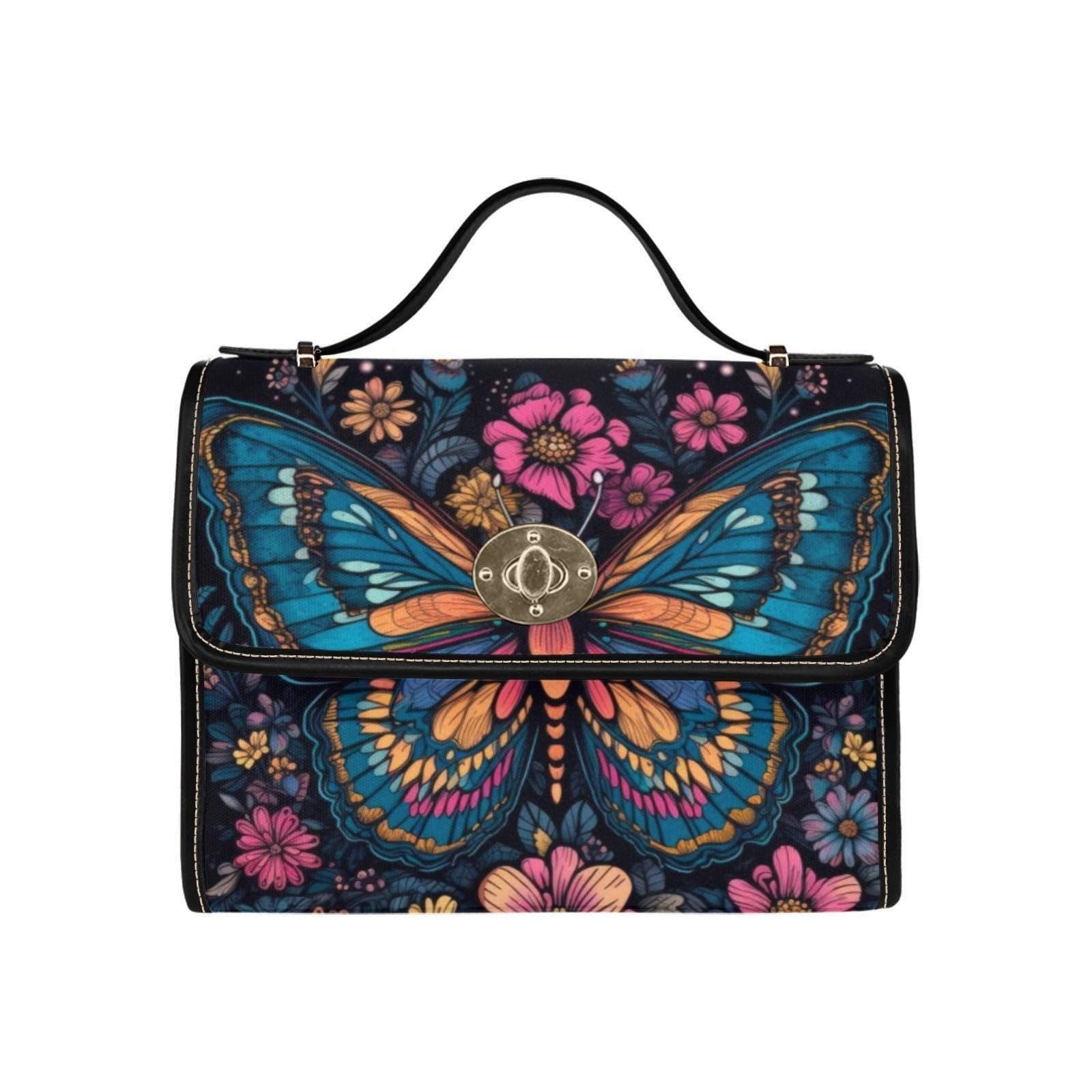 Psychedelic Butterfly Canvas Shoulder Bag, Floral Crossbody Satchel, Boho Hippie Purse