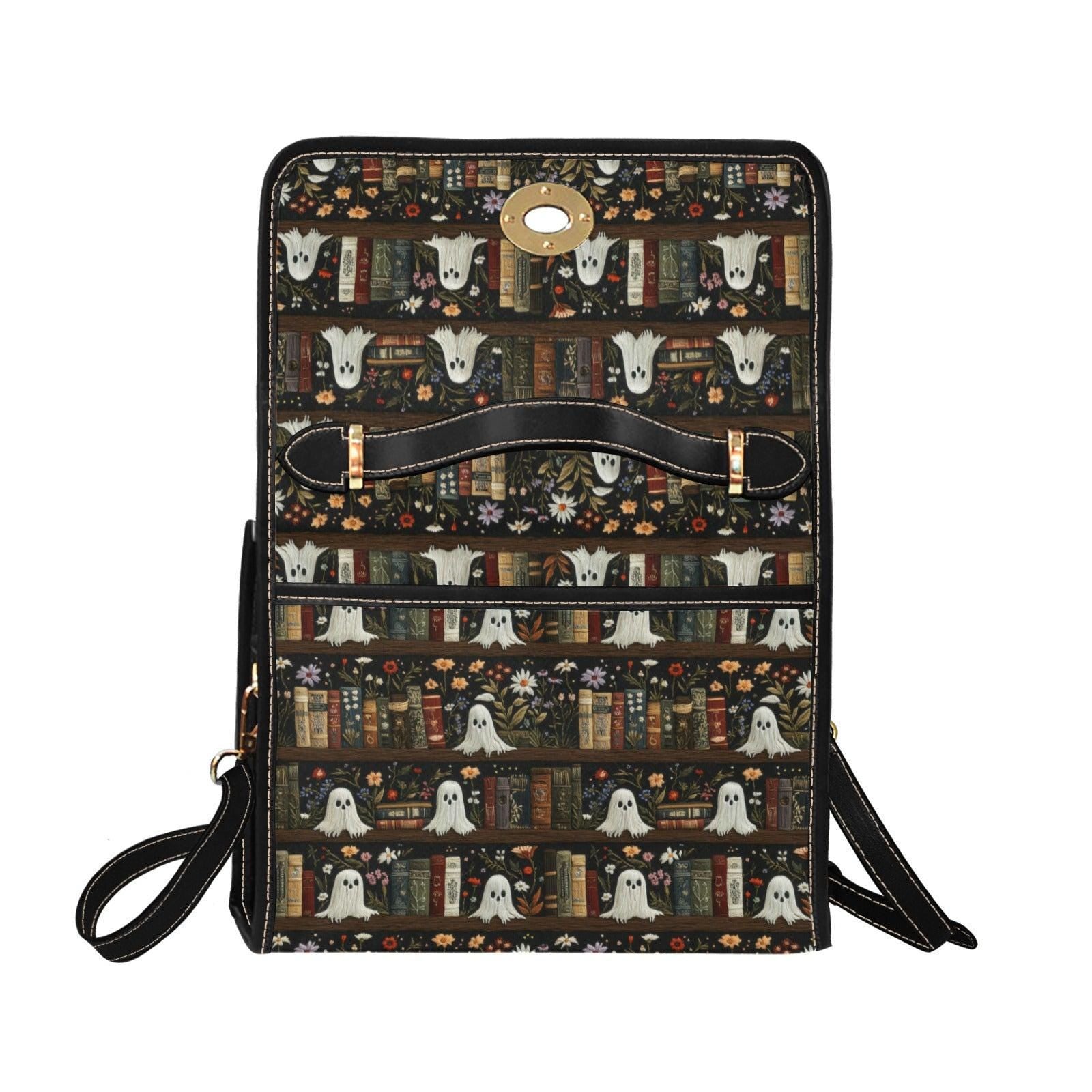 Ghost library satchel, spooky book print crossbody bag, witchy academia purse, haunted books tote