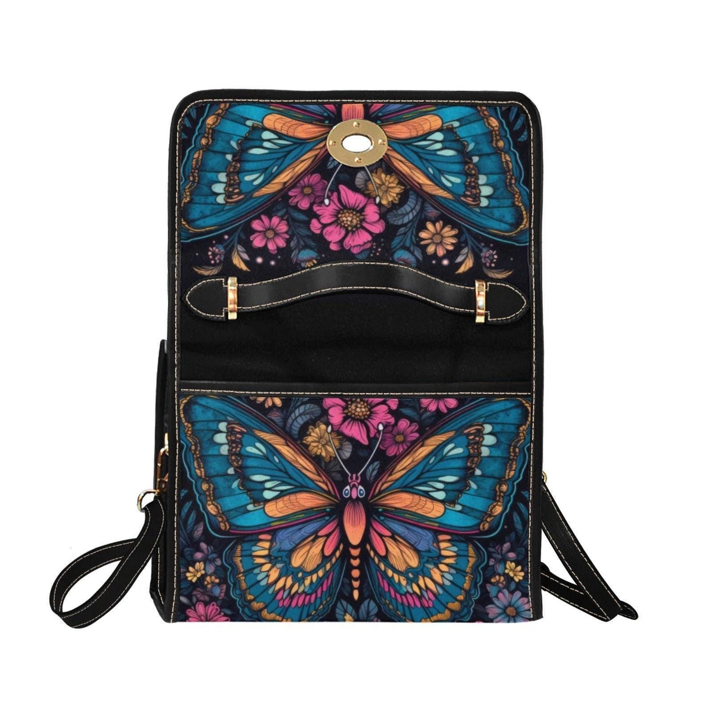Psychedelic Butterfly Canvas Shoulder Bag, Floral Crossbody Satchel, Boho Hippie Purse