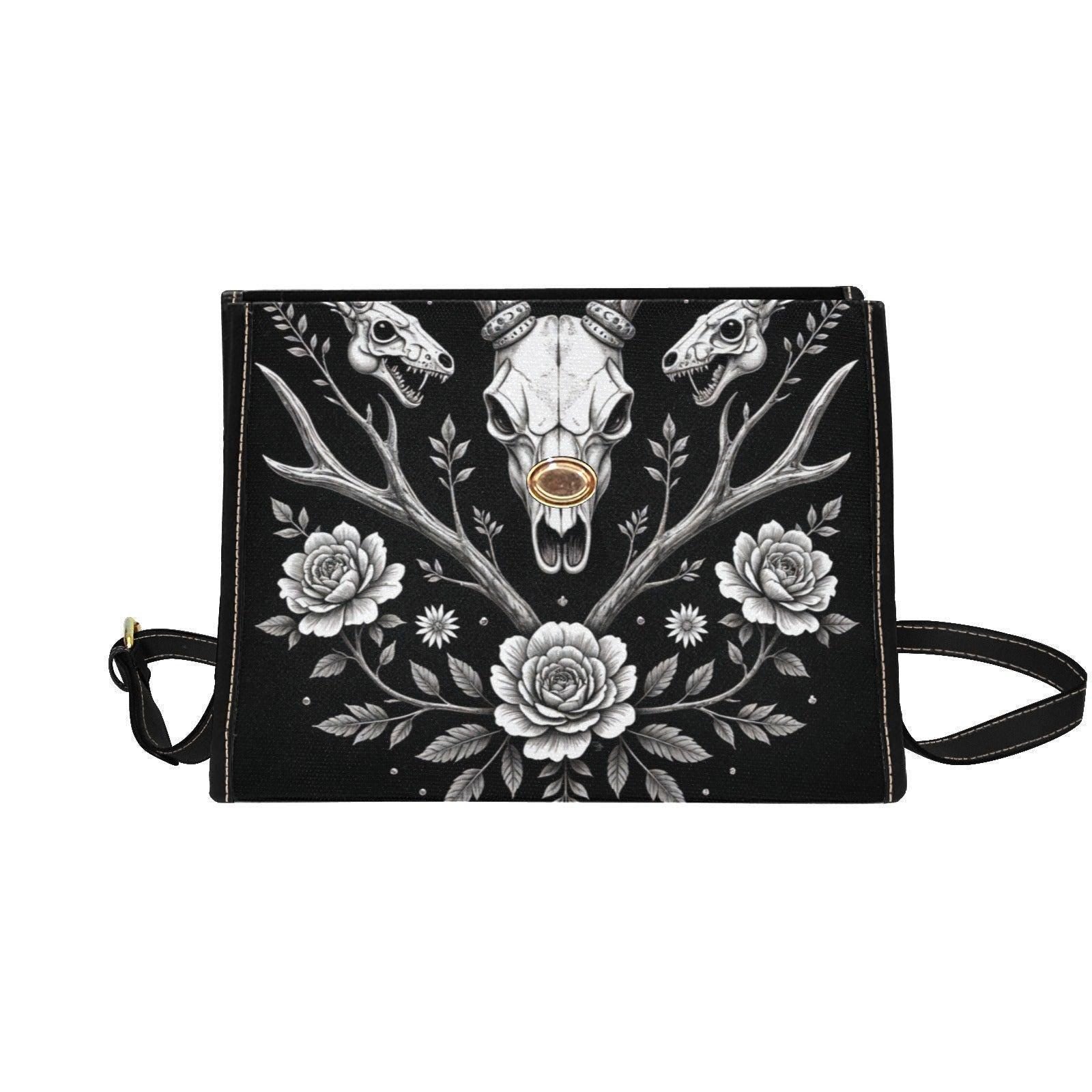 Gothic Deer Skull Satchel, Dark Floral Antler Handbag, Witchcore Evening Bag