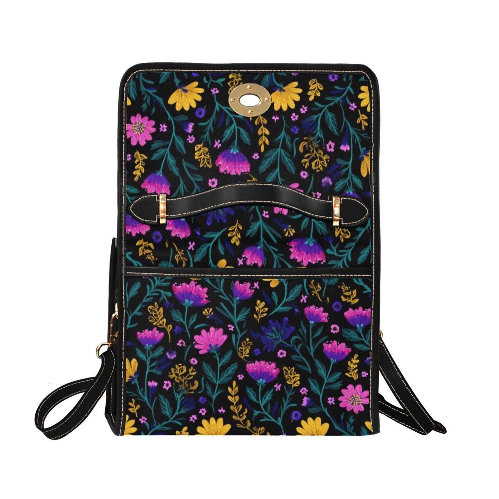 Dark Floral Crossbody Bag, Boho Wildflower Vegan Leather Strap Tote