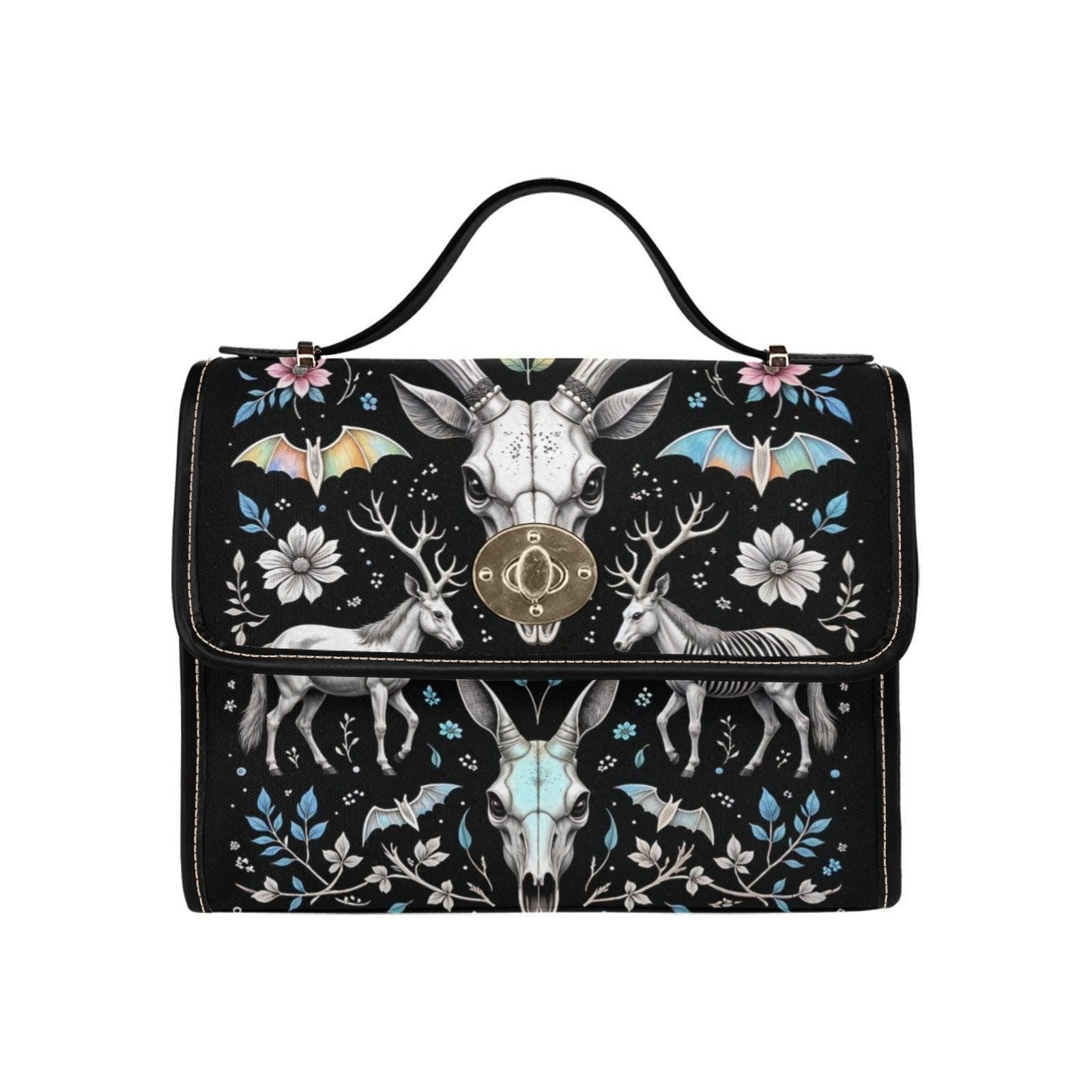 Witchy Crossbody Bag, Deer Skull Purse, Dark Floral Satchel for Cottage Goth Style