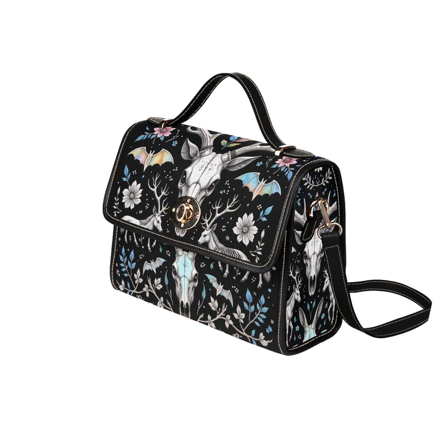 Witchy Crossbody Bag, Deer Skull Purse, Dark Floral Satchel for Cottage Goth Style