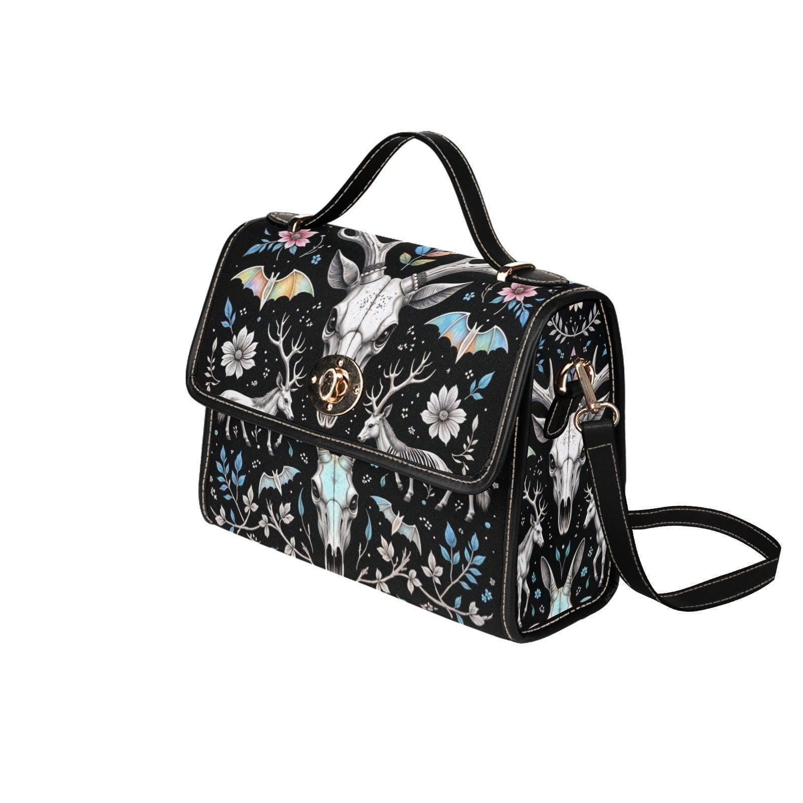 Witchy Crossbody Bag, Deer Skull Purse, Dark Floral Satchel for Cottage Goth Style