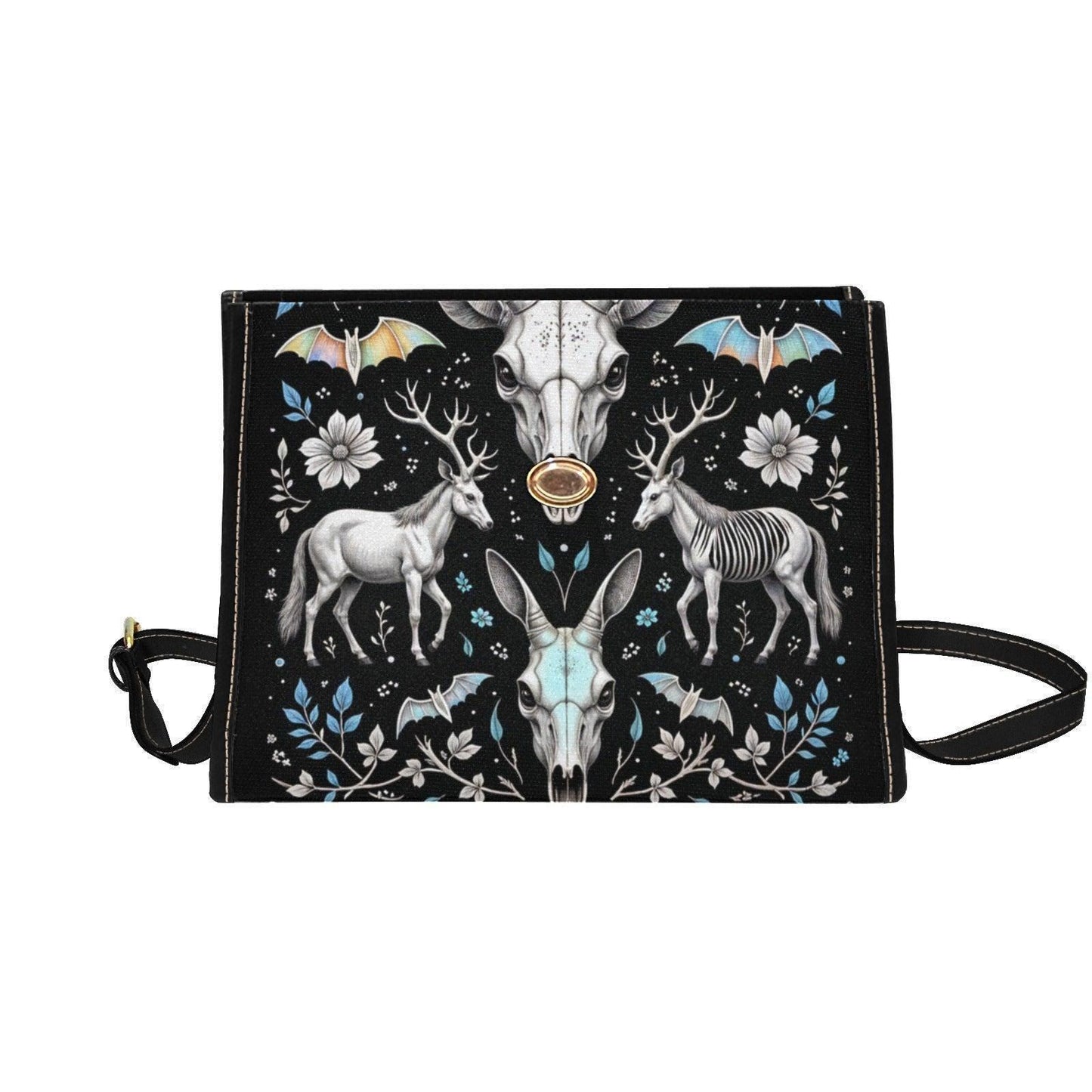 Witchy Crossbody Bag, Deer Skull Purse, Dark Floral Satchel for Cottage Goth Style