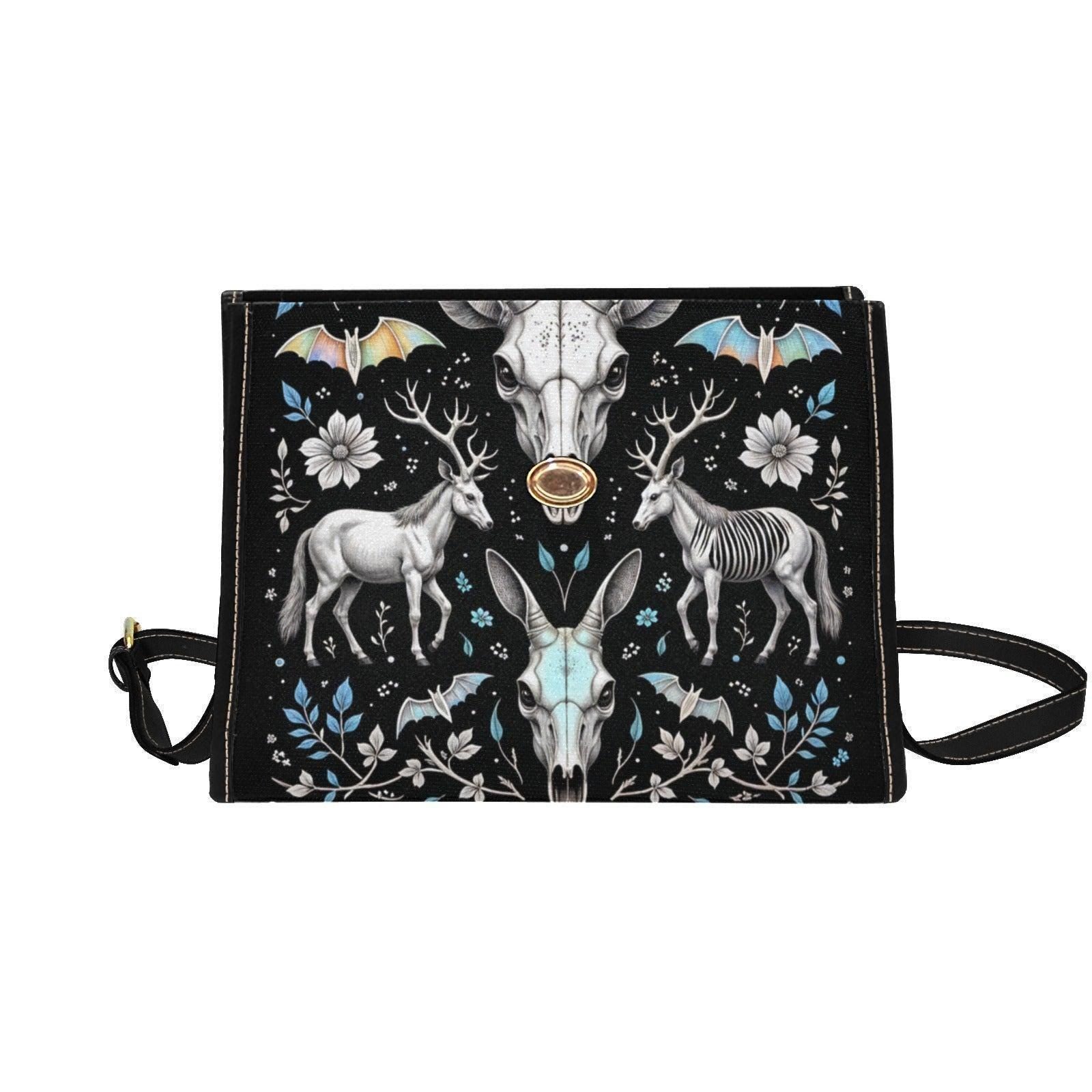 Witchy Crossbody Bag, Deer Skull Purse, Dark Floral Satchel for Cottage Goth Style