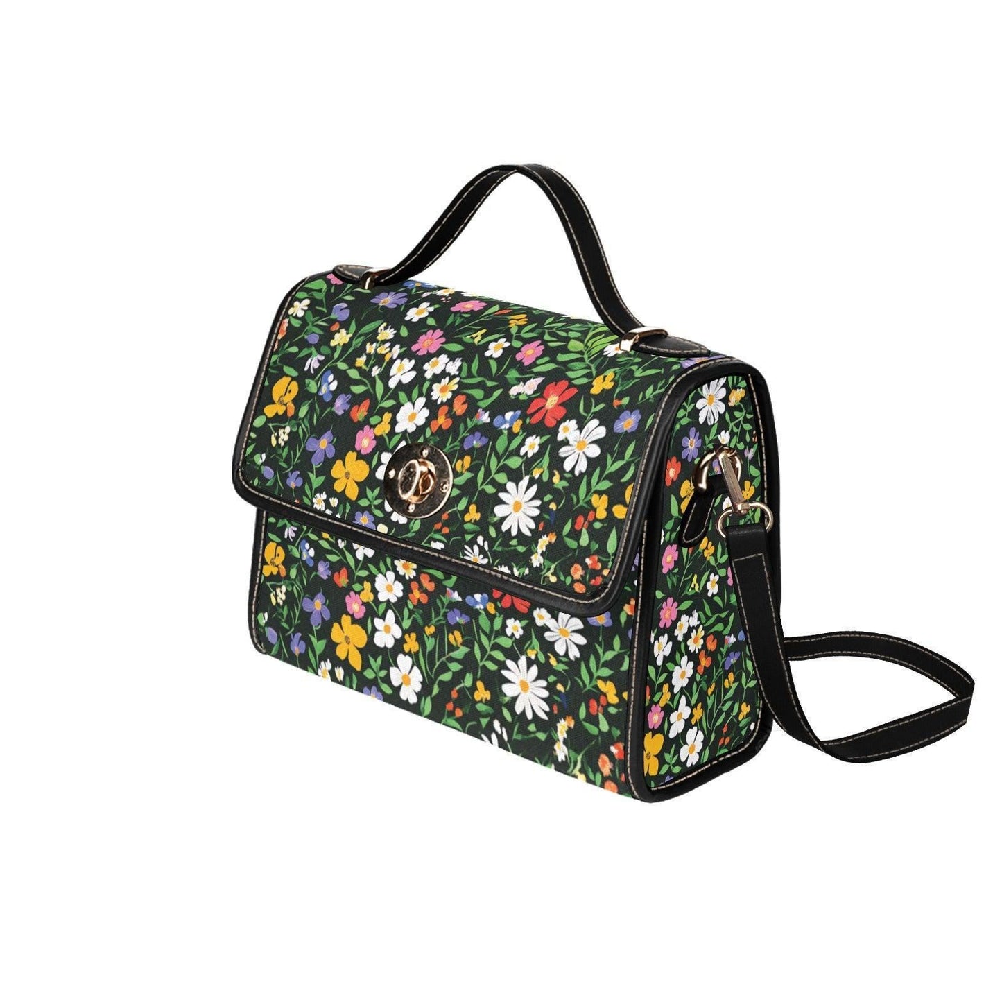Black Floral Canvas Crossbody Bag, Wildflower Meadow Print Handbag