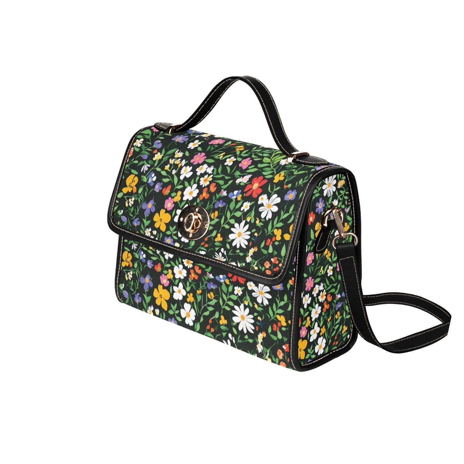 Black Floral Canvas Crossbody Bag, Wildflower Meadow Print Handbag