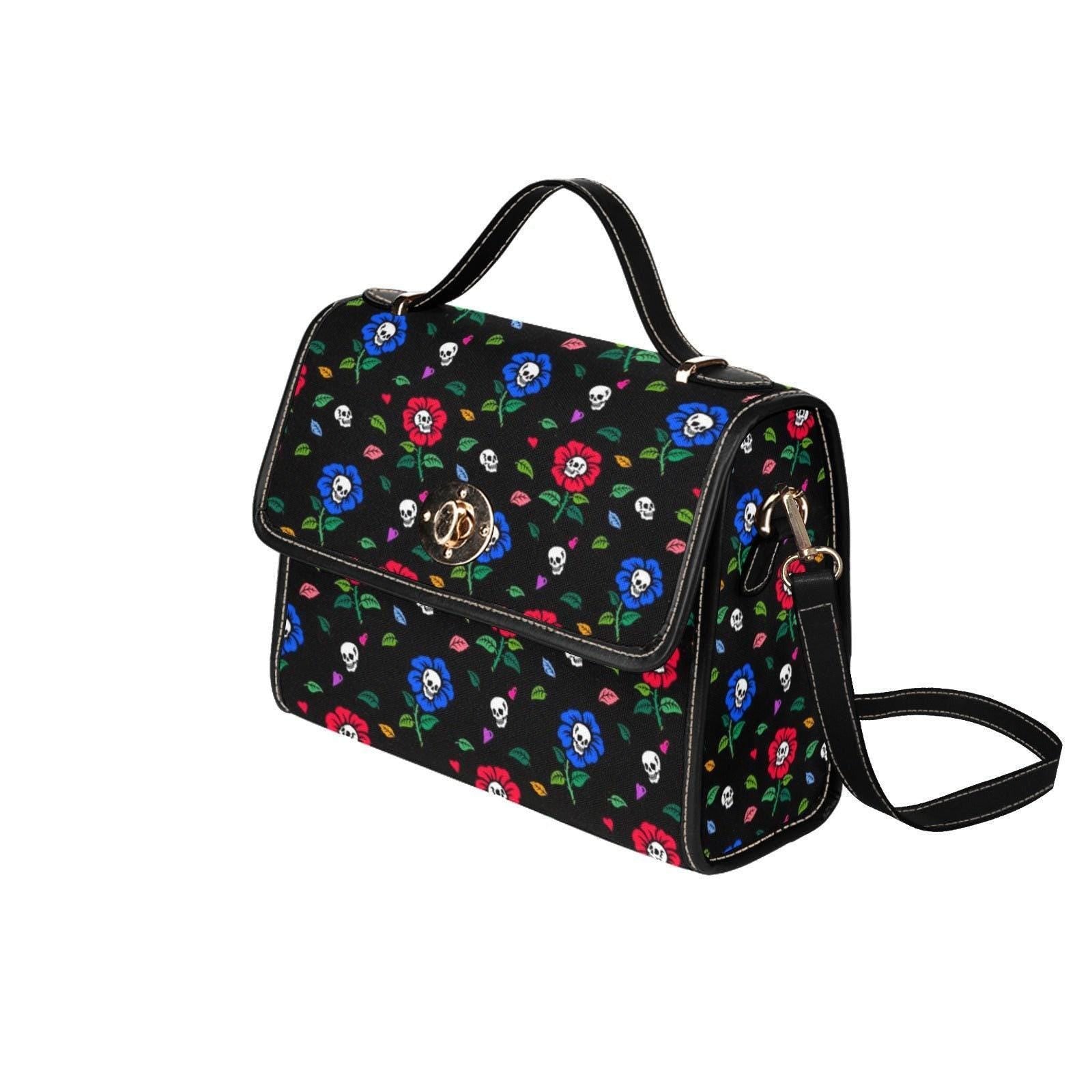 Skull Floral Satchel Bag, Spooky Pastel Goth Crossbody Purse