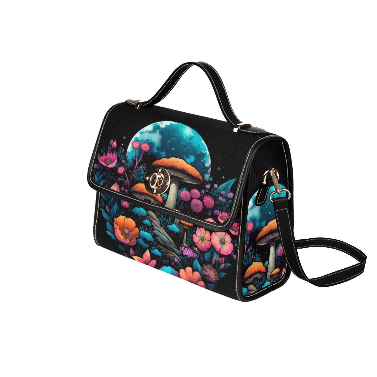 Glow Mushroom Bag, Moonlit Forest Purse, Trippy Shroom Crossbody, Fairycore Garden Print, Celestial Mushroom Style, Psychedelic Witch Bag