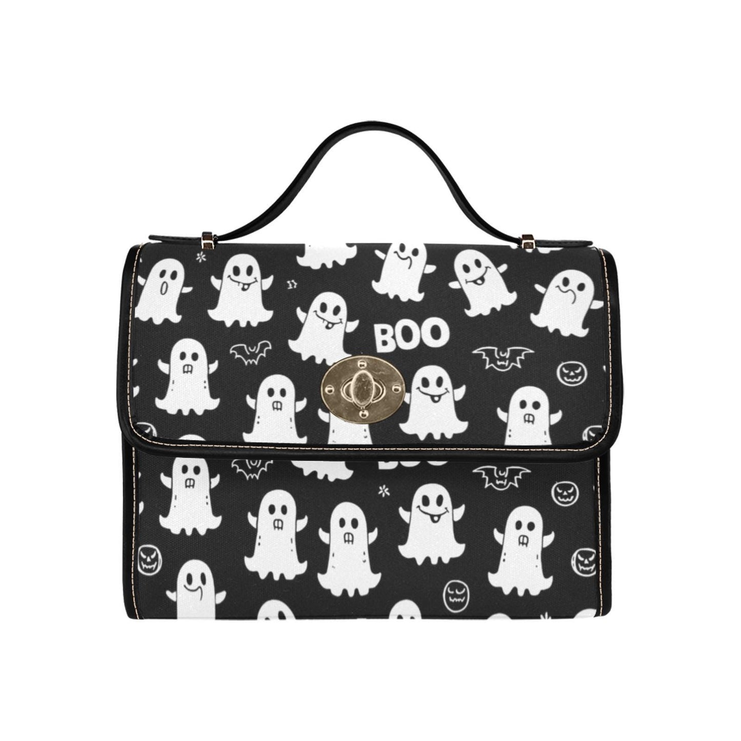 a black and white bag with white ghost print