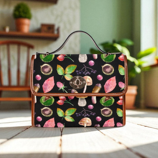Woodland Foraging Print, Autumn Leaves and Mushrooms, Cozy Cottagecore Bag, Fall Crossbody Purse, Herbal Forest Gift for her, Naturecore