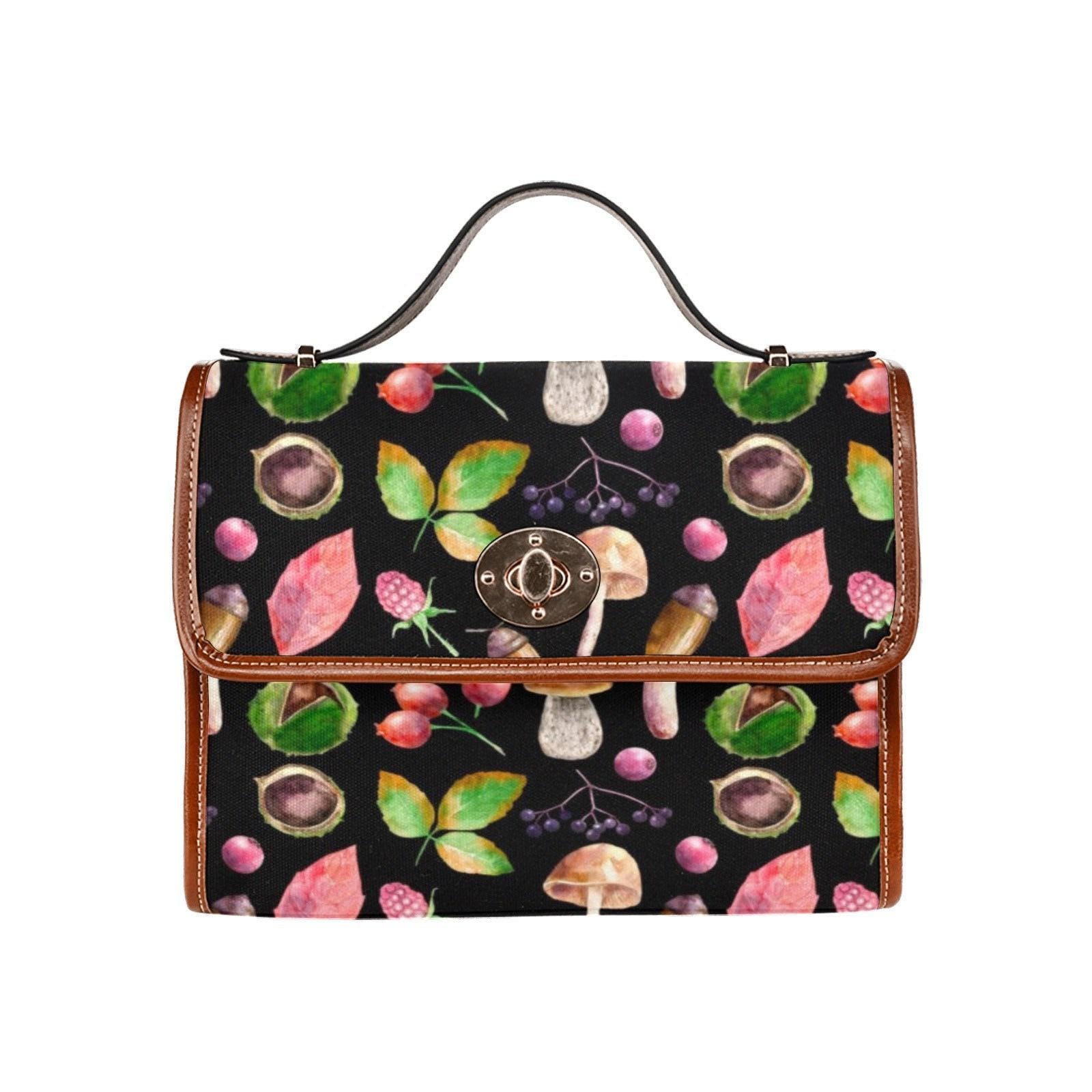 Woodland Foraging Print, Autumn Leaves and Mushrooms, Cozy Cottagecore Bag, Fall Crossbody Purse, Herbal Forest Gift for her, Naturecore