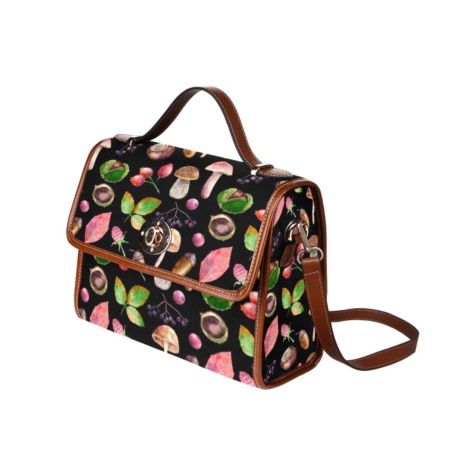 Woodland Foraging Print, Autumn Leaves and Mushrooms, Cozy Cottagecore Bag, Fall Crossbody Purse, Herbal Forest Gift for her, Naturecore