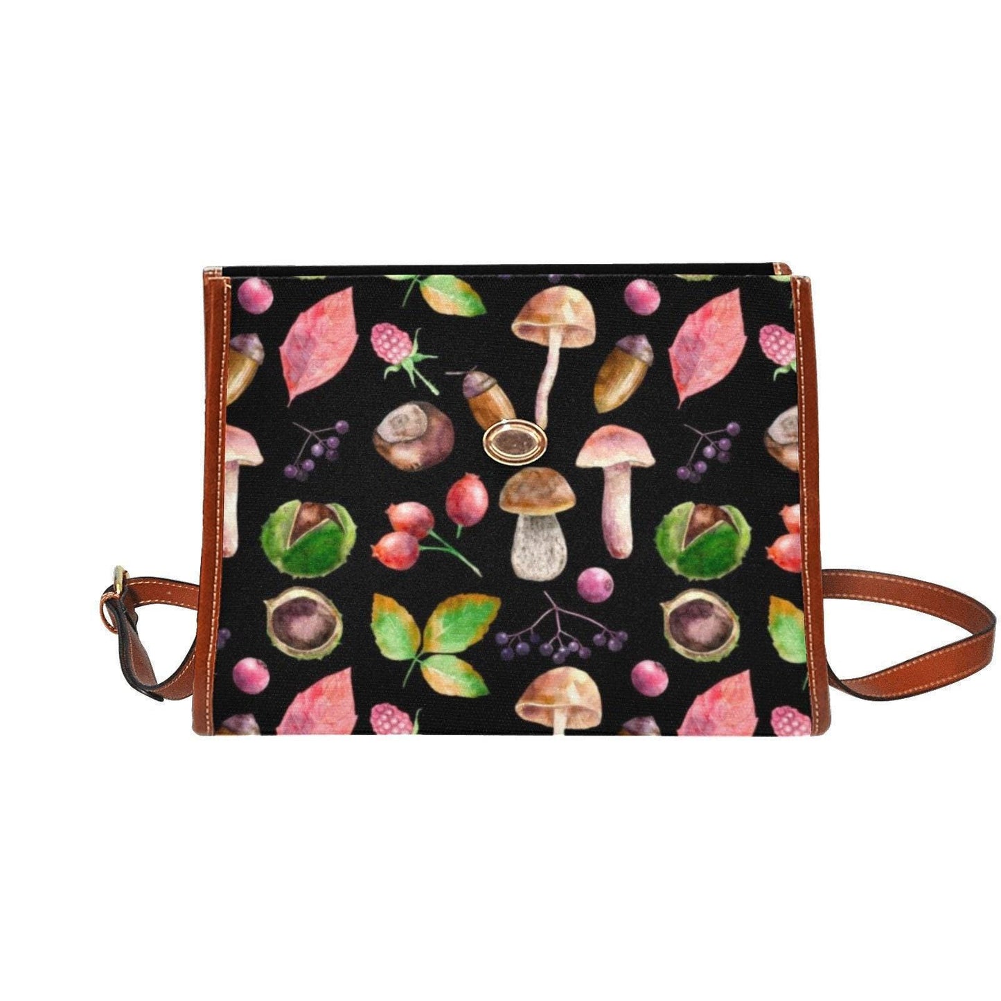 Woodland Foraging Print, Autumn Leaves and Mushrooms, Cozy Cottagecore Bag, Fall Crossbody Purse, Herbal Forest Gift for her, Naturecore