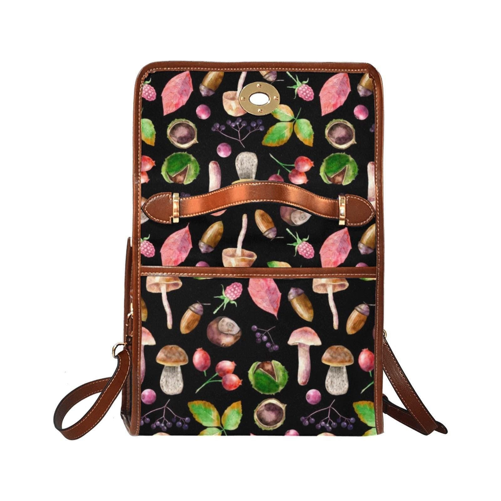 Woodland Foraging Print, Autumn Leaves and Mushrooms, Cozy Cottagecore Bag, Fall Crossbody Purse, Herbal Forest Gift for her, Naturecore