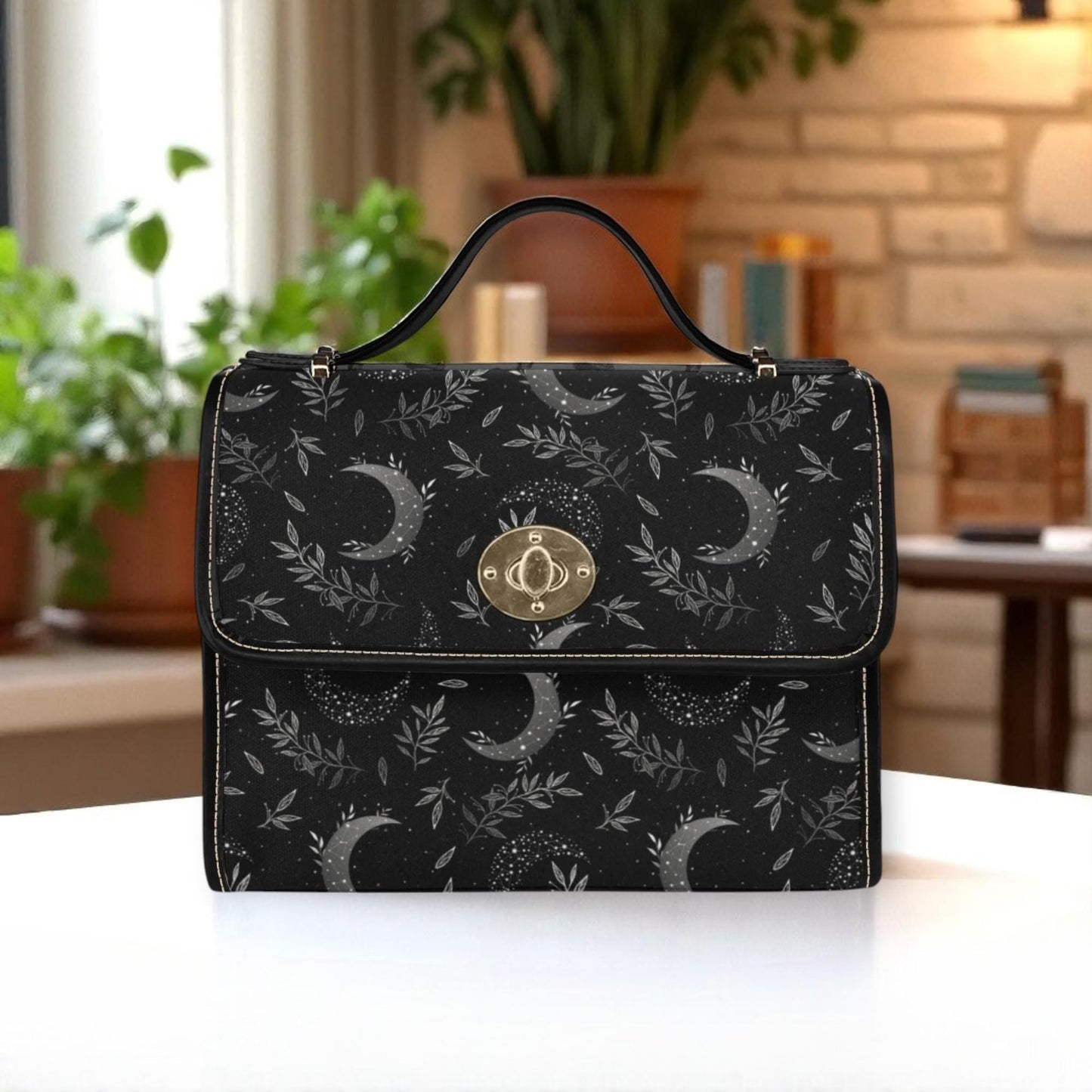 Celestial Moon Phase Handbag Black Gothic Witchy Crossbody Purse Lunar Print Starry Night Satchel Bag Vegan Leather Gift