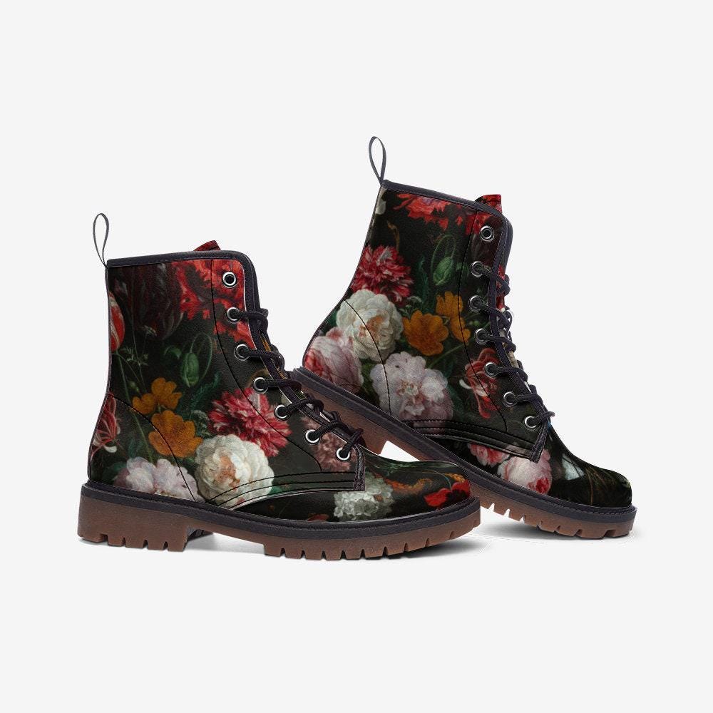 Dark floral combat boots, lace-up ankle shoes, vintage painterly flower footwear