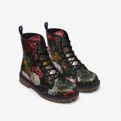 Dark floral combat boots, lace-up ankle shoes, vintage painterly flower footwear