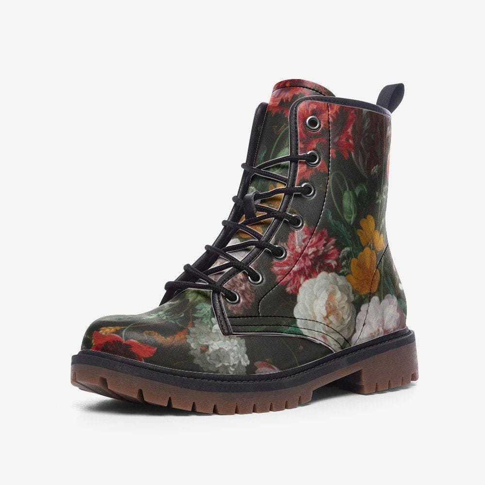 Dark floral combat boots, lace-up ankle shoes, vintage painterly flower footwear