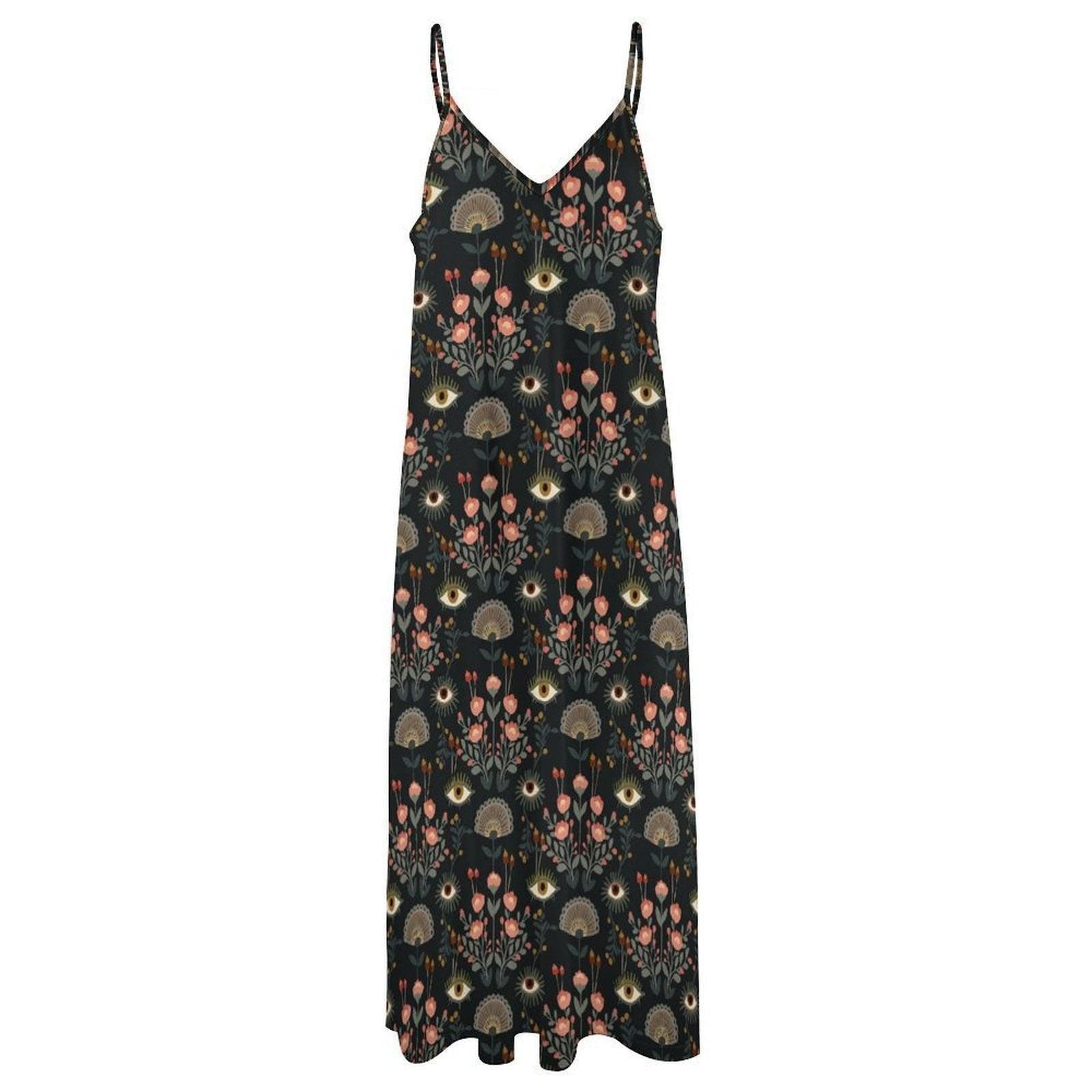 Evil Eye Maxi Dress, Mystical Floral Slip Dress, Folk Art Boho Sundress
