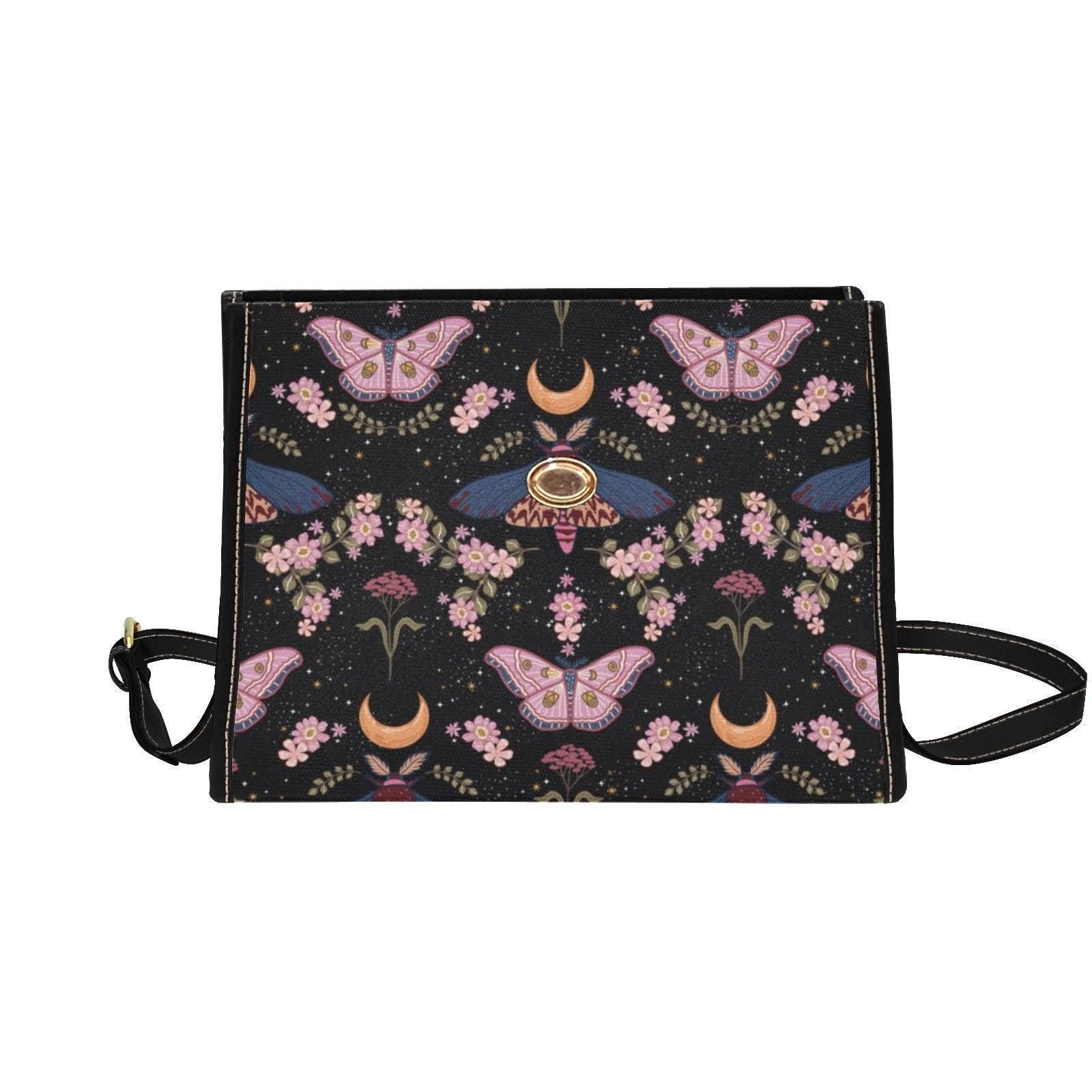 Moon Moth Top Handle Bag, Celestial Floral Satchel, Dark Romantic Handbag