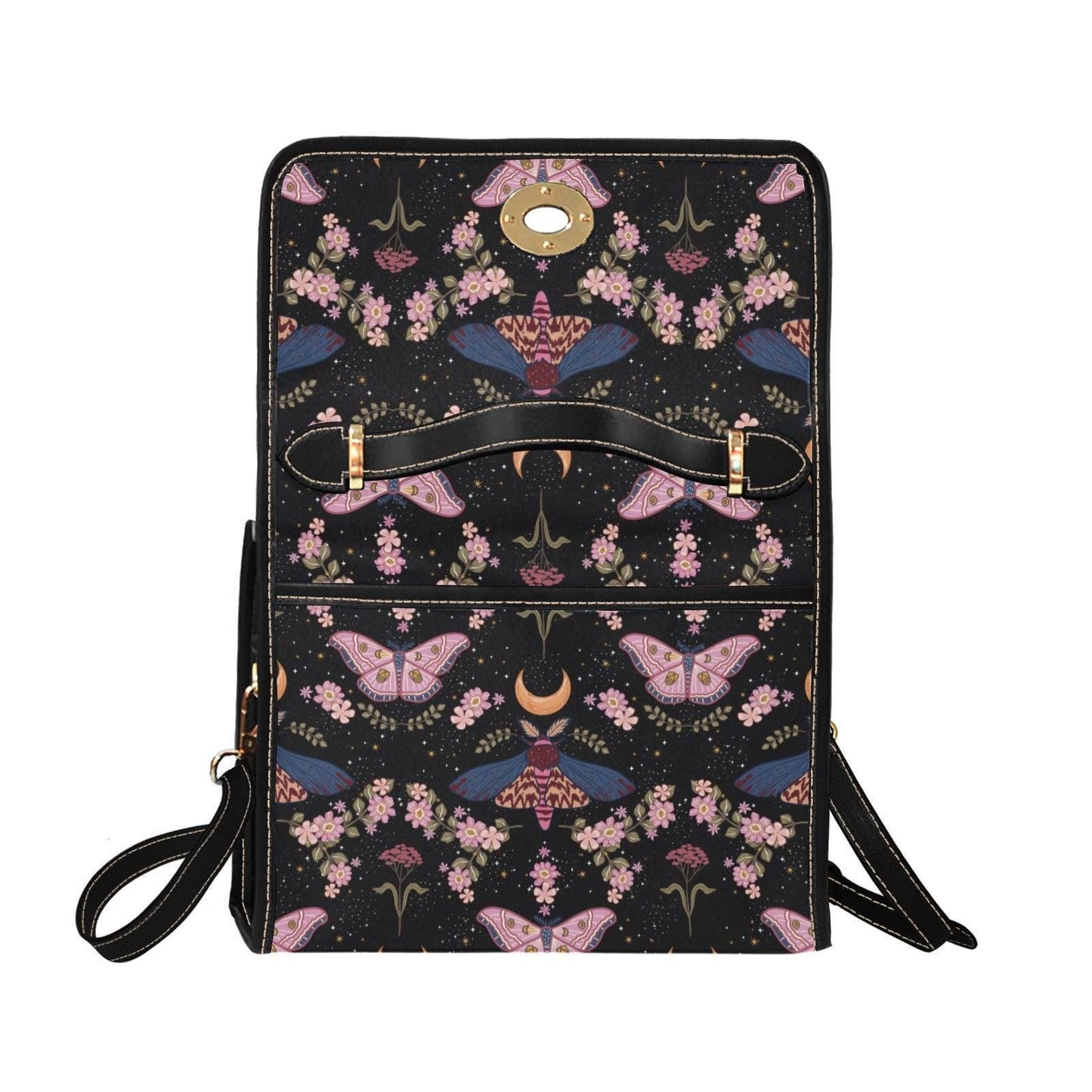 Moon Moth Top Handle Bag, Celestial Floral Satchel, Dark Romantic Handbag for Evening and Cottage Style