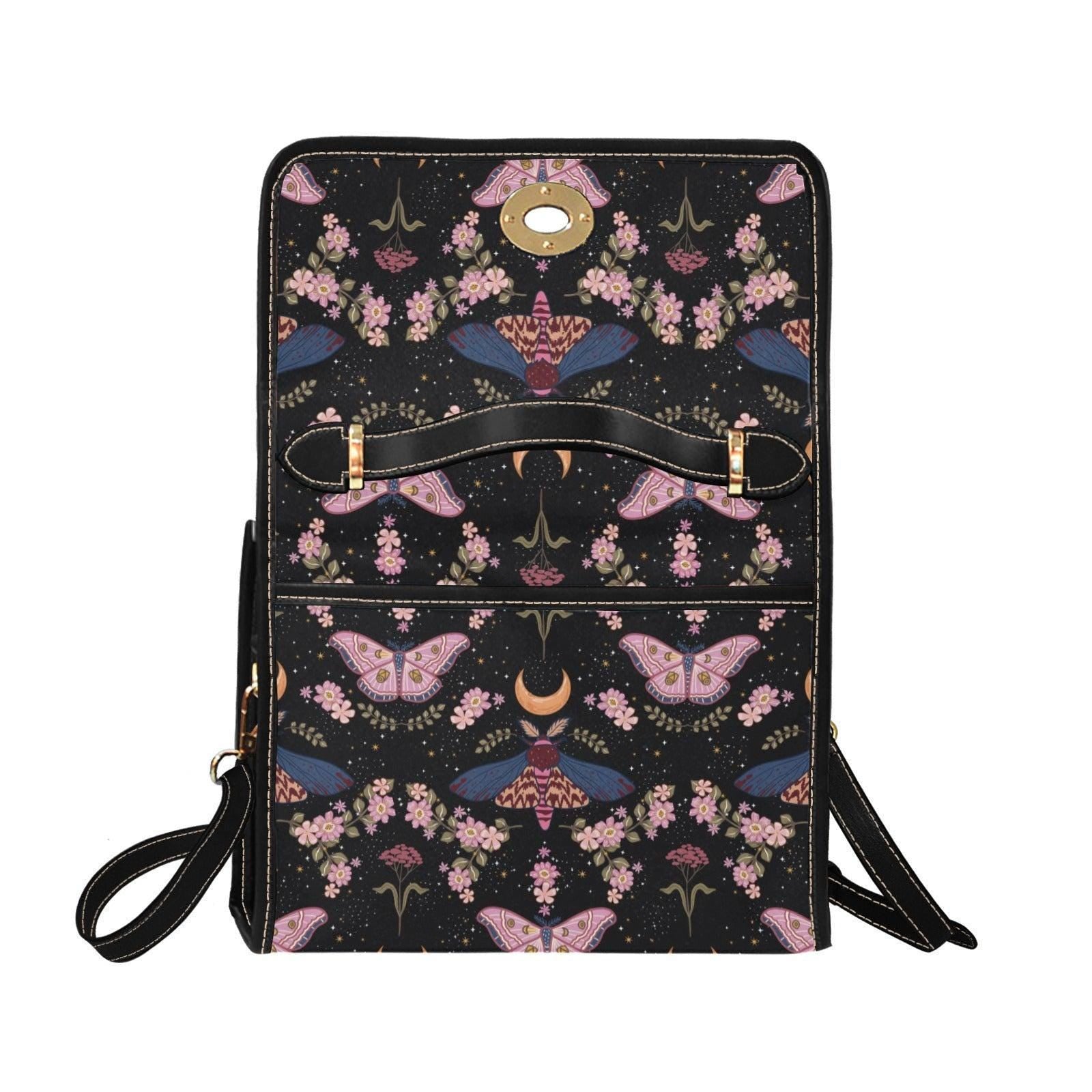 Moon Moth Top Handle Bag, Celestial Floral Satchel, Dark Romantic Handbag for Evening and Cottage Style