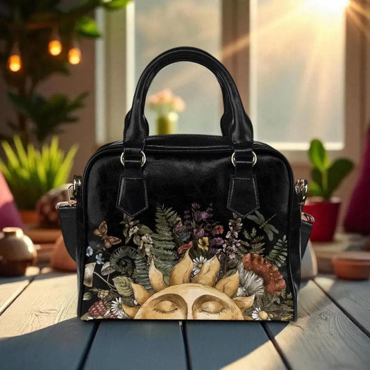Sun and Wildflower Handbag, Black Botanical Shoulder Bag