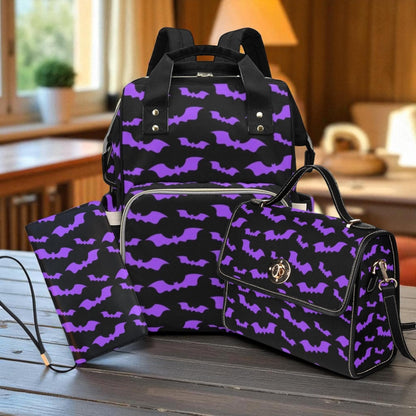 Purple Bat Diaper Backpack, Goth Mom Baby Bag, Halloween Organizer, Spooky Travel and Baby Bag