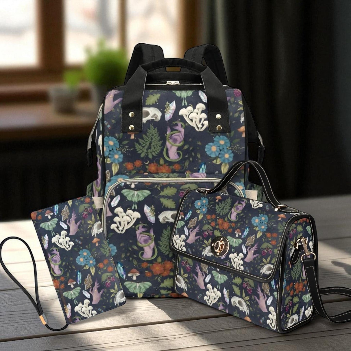 Occult Mushroom Forest Backpack, Witchy Cottagecore Diaper Bag, Mystical Woodland Travel Bag