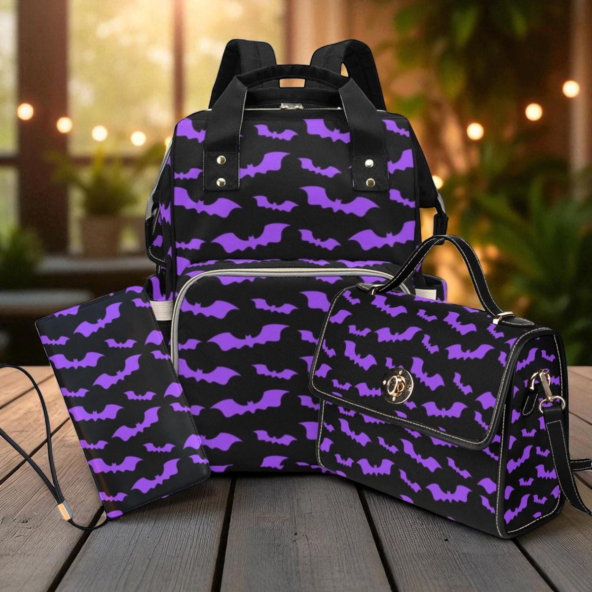 Purple Bats Diaper Backpack, Goth Mom Baby Bag, Spooky Organizer Gift Idea