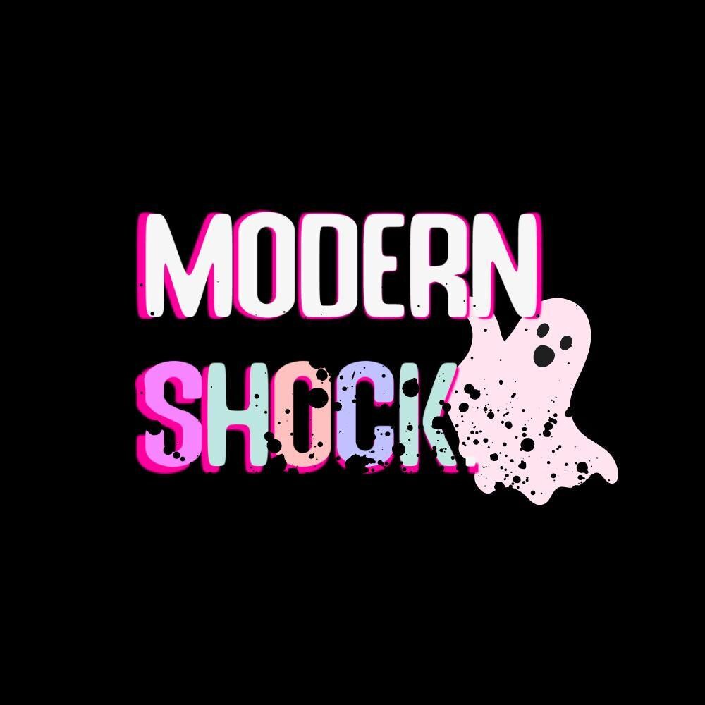 the text "MODERN SHOCK" in a stylized font, with the word "MODERN" in pink and "SHOCK" in a pink and purple color scheme. The text is set against a black background, creating a striking contrast.