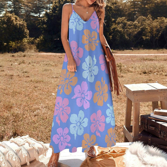Hibiscus Maxi Dress, Tropical Spaghetti Strap Sundress, Blue Beach Vacation Outfit