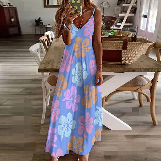 Hibiscus Maxi Dress, Tropical Spaghetti Strap Sundress, Blue Beach Vacation Outfit