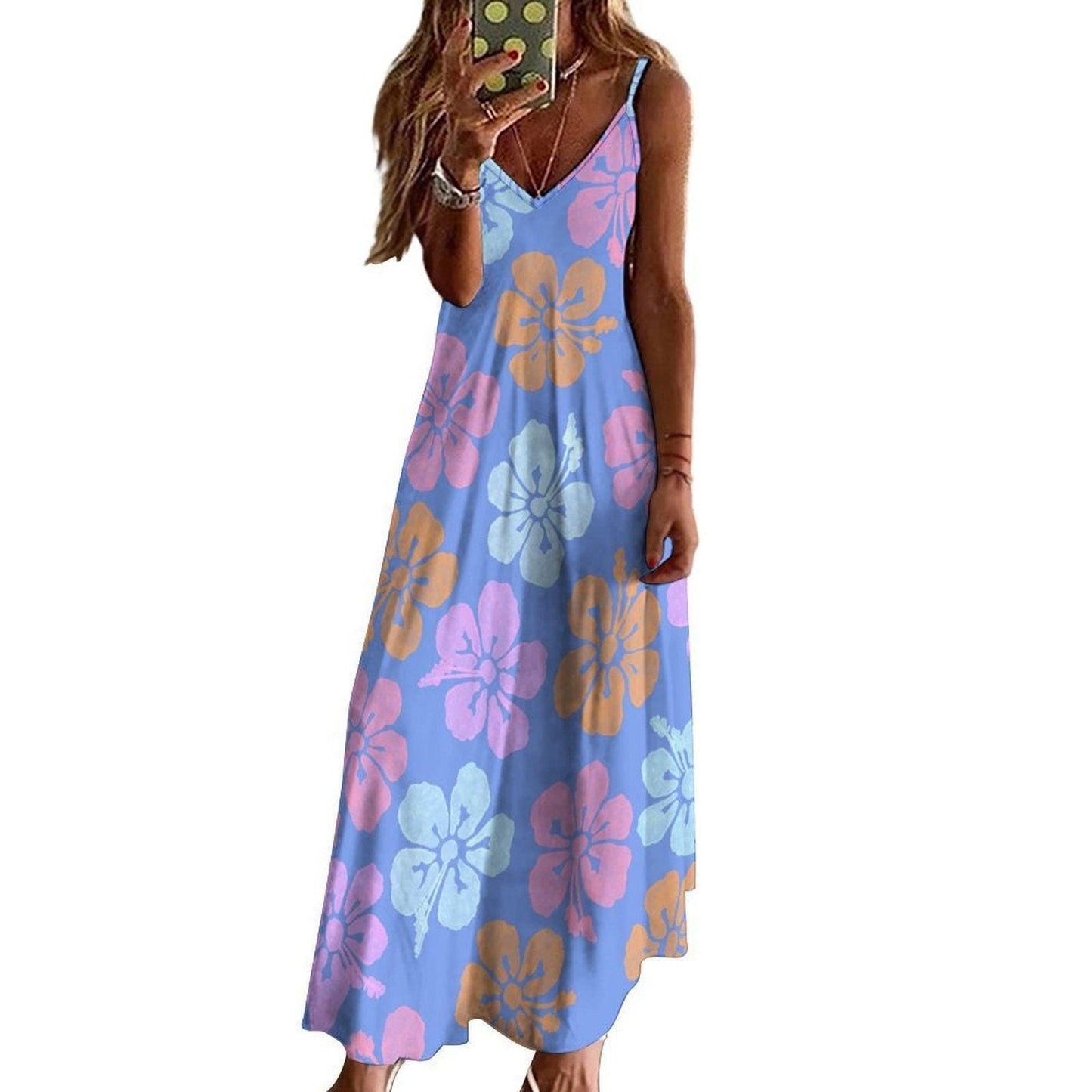 Hibiscus Maxi Dress, Tropical Spaghetti Strap Sundress, Blue Beach Vacation Outfit