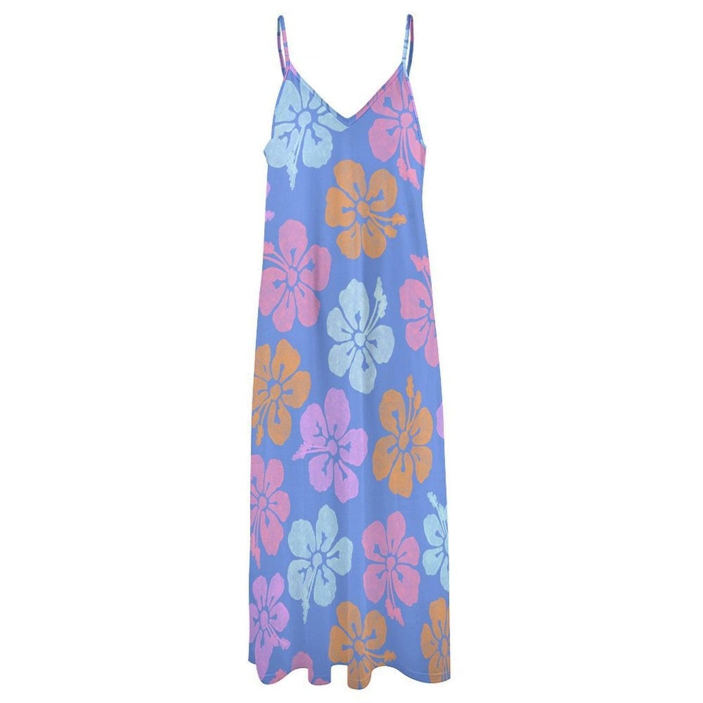 Hibiscus Maxi Dress, Tropical Spaghetti Strap Sundress, Blue Beach Vacation Outfit