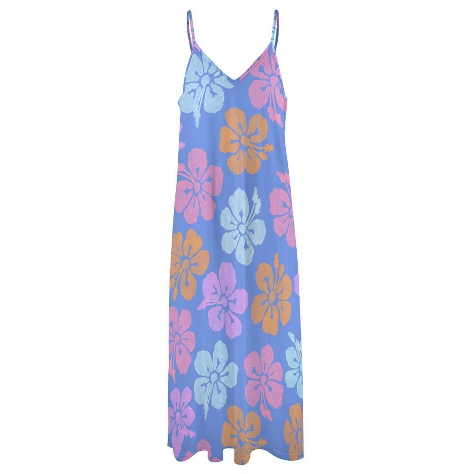 Hibiscus Maxi Dress, Tropical Spaghetti Strap Sundress, Blue Beach Vacation Outfit