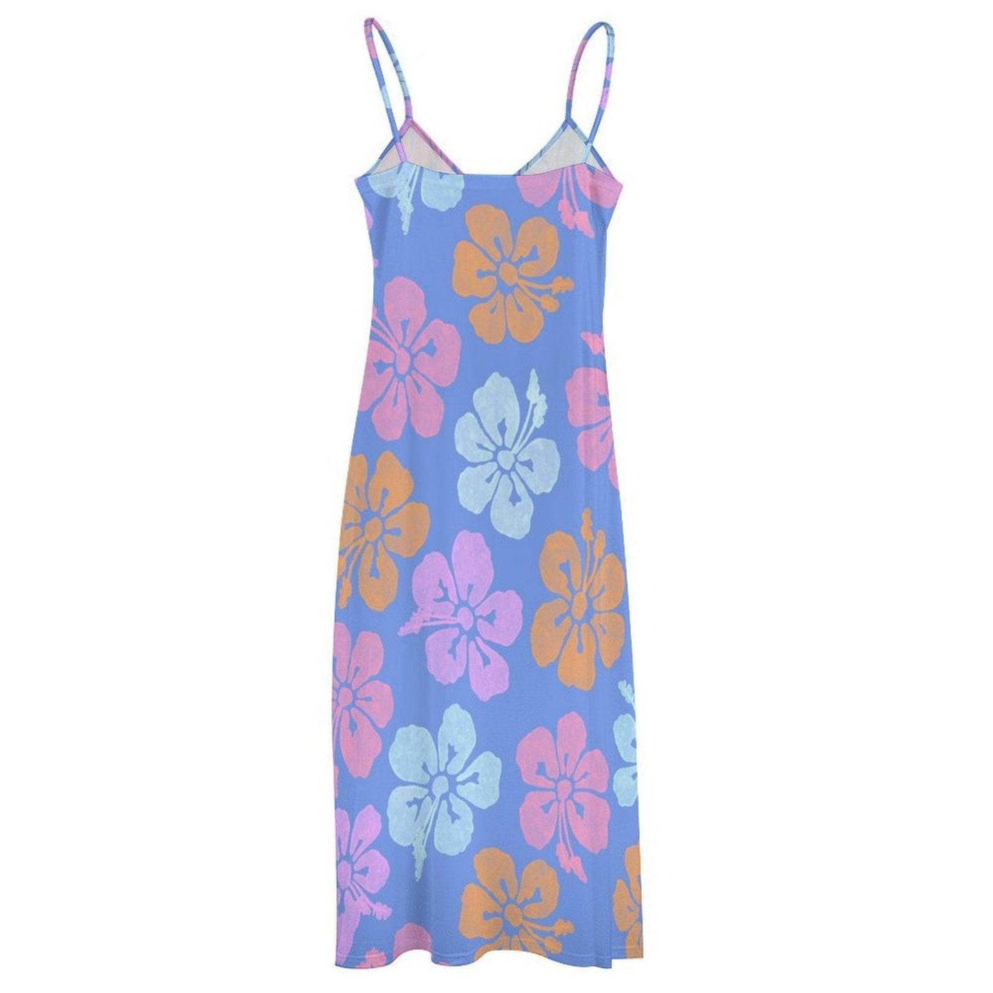 Hibiscus Maxi Dress, Tropical Spaghetti Strap Sundress, Blue Beach Vacation Outfit