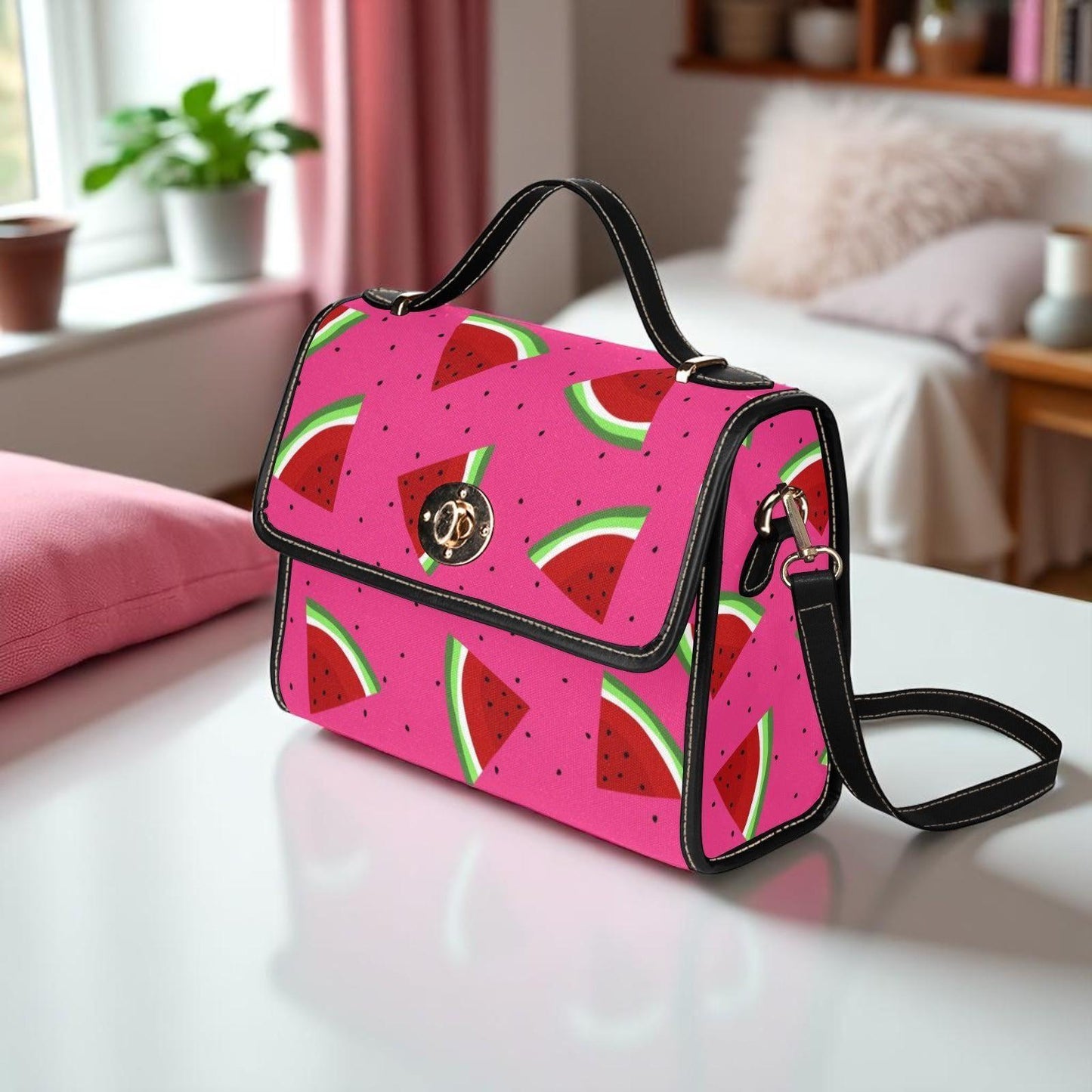 Watermelon Crossbody Purse, Pink Summer Handbag, Fruit Print Top Handle Bag